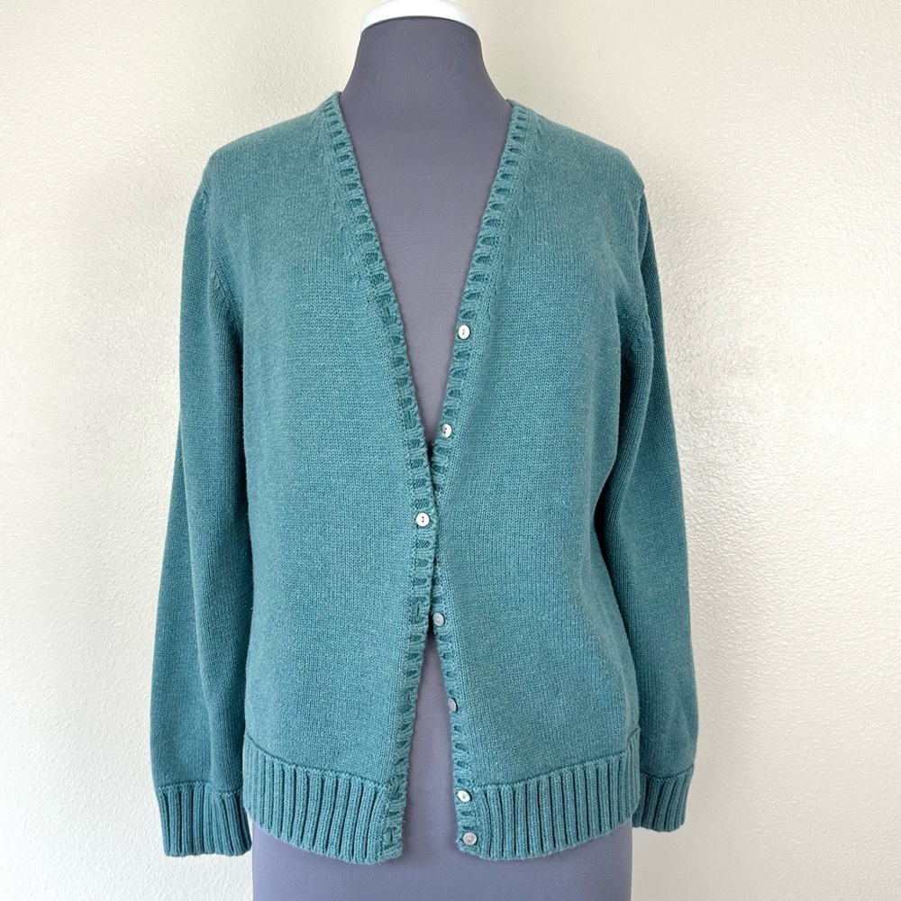 Vintage Lands' End Teal Green Cardigan Sweater 100% Cotton Sz. L
